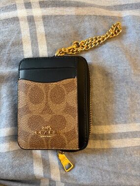Coach Brown Signature Canvas and Black Leather Card Wallet with Gold Chain